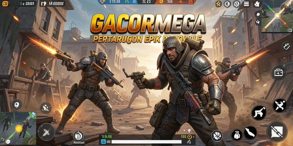 Tampilan dinamis gameplay pertarungan Battle Royale GACORMEGA.