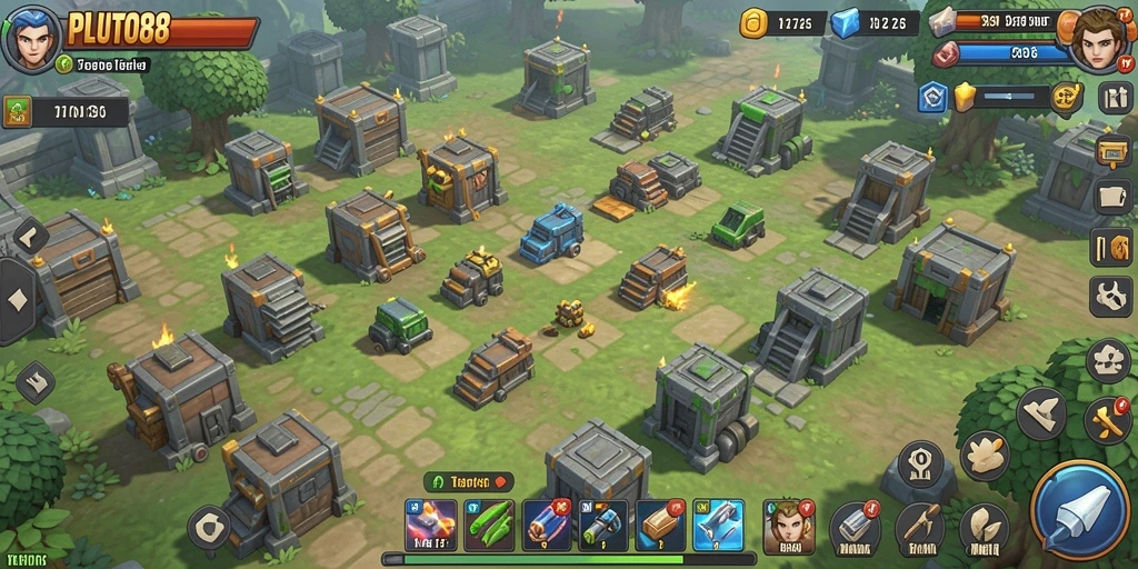 Screenshot gameplay PLUTO88 menampilkan menara dan gelombang musuh yang menegangkan.
