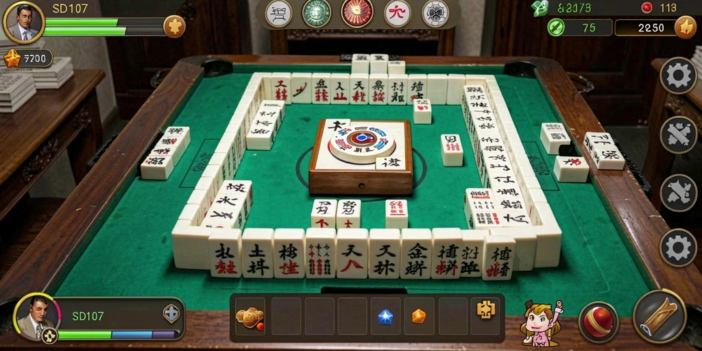 Screenshot dari gameplay menawan SD107 yang menunjukkan papan Mahjong.